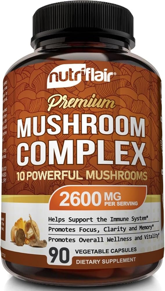 nutriflair mushroom supplement 2600mg, 90 capsules 10 mushrooms blend reishi, lions mane, cordyceps, chaga, turkey tail, maitake, shiitake, oyster nootropic complex brain, energy, focus pills nutriflair mushroom supplement 2600mg, 90 capsules 10 mushrooms blend reishi, lions mane, cordyceps, chaga, turkey tail, maitake, shiitake, oyster nootropic complex brain, energy, focus pills