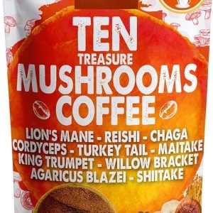 wixar mushroom coffee blend ten treasure mushrooms extract instant coffee powder with lions mane, turkey tail, reishi, chaga, shiitake, maitake, cordyceps, complex 5oz mushroom supplement
