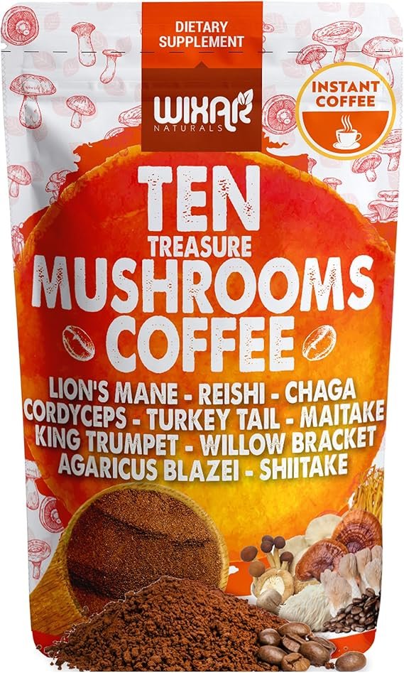 wixar mushroom coffee blend ten treasure mushrooms extract instant coffee powder with lions mane, turkey tail, reishi, chaga, shiitake, maitake, cordyceps, complex 5oz mushroom supplement wixar mushroom coffee blend ten treasure mushrooms extract instant coffee powder with lions mane, turkey tail, reishi, chaga, shiitake, maitake, cordyceps, complex 5oz mushroom supplement
